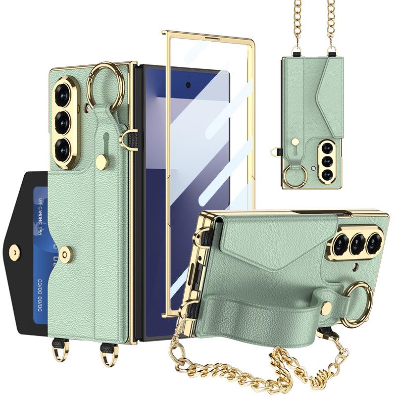 Samsung Z Fold7 Wristband Case: Fashionable Electroplated Leather with Card Holder and Lanyard