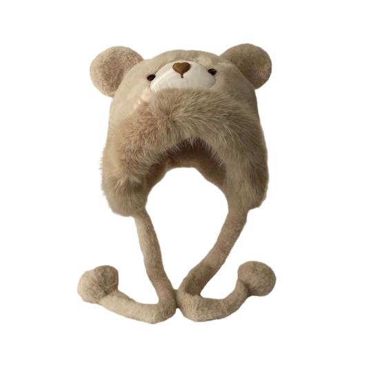 Women Hat Solid Color Thickened Plush Bear Warm Hat with Ear Protection Function Winter Outdoor Daily Cycling Lei Feng Hat