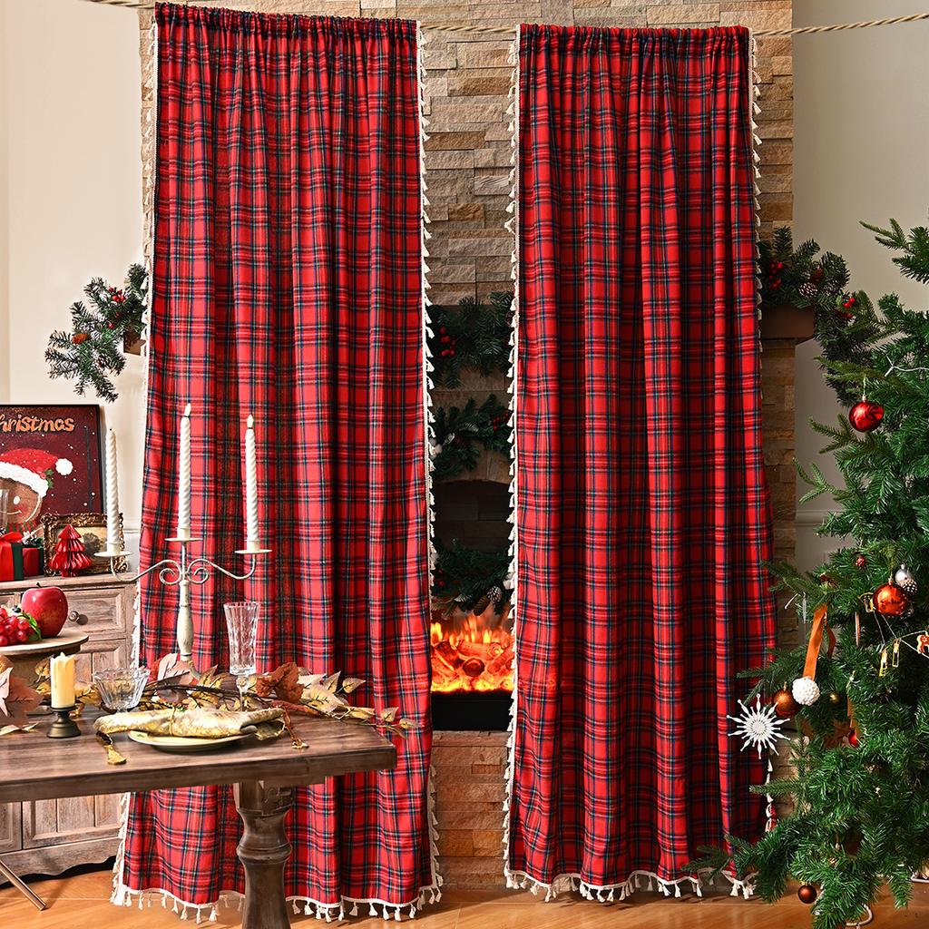 2025New Plaid Pattern Curtains Lace Curtains Rod Tassel Curtains Vintage Red Curtains