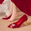 Wedding Shoes Women's Pointed Wedding Bride Shoes 2024 New Chinese Thick Heel Single Shoes Xiuhe Rhinestone Red High Heels