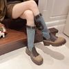 Модные 7 см крутые холщовые сапоги с толстой подошвой, женские джинсовые ботинки с круглым носком и молнией, средние сапоги 2024 года, новые осенние европейские туфли на каблуках с цветными блоками