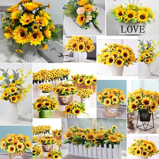 Искусственный подсолнух с зелеными листьями 7 вилок 13 головок реалистичный искусственный шелк