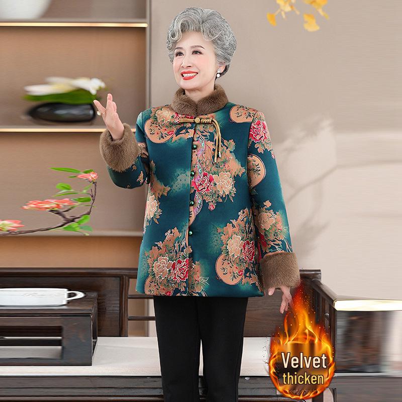 Grandma Winter Cotton Jacket: Stylish Women's Chinese-Style Velvet-Enhanced Coat for Elderly Moms