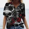 Flower Skull Pattern 3D Digital Print Women's Comfortable V-neck Short Sleeved T-shirt