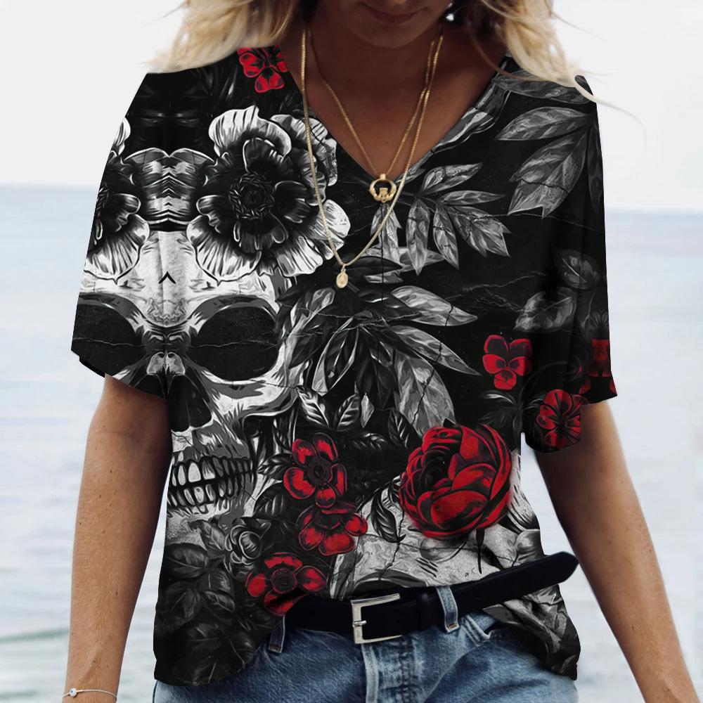 Flower Skull Pattern 3D Digital Print Women's Comfortable V-neck Short Sleeved T-shirt