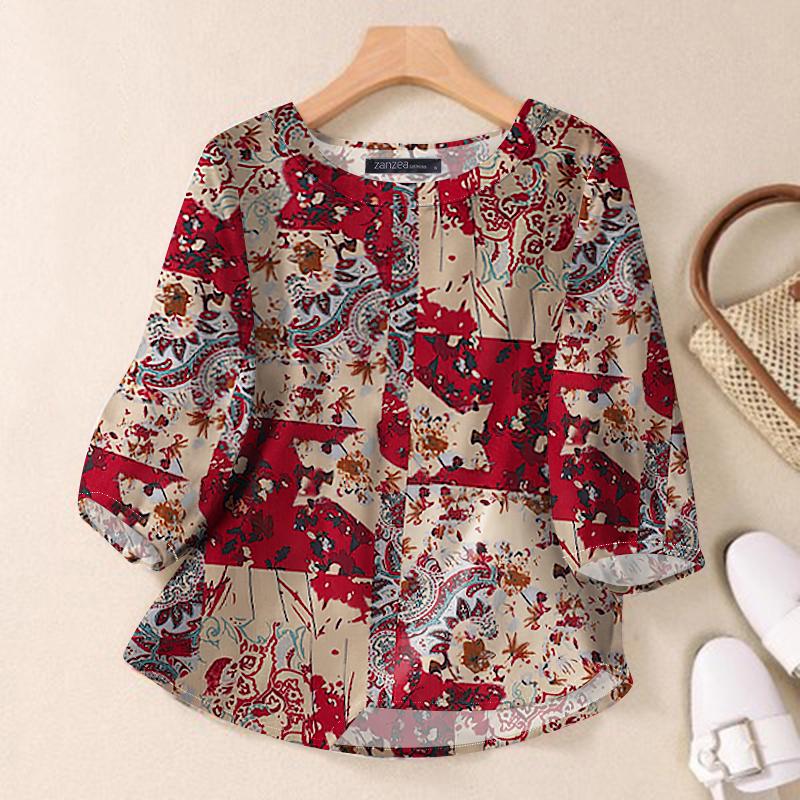 ZANZEA Women Casual O-neck 3/4 Sleeve Loose Print Cotton Blouse