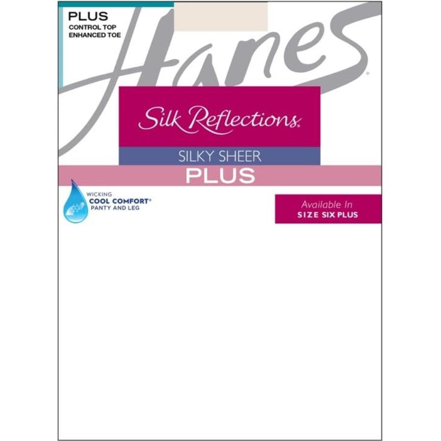 Hanes Silk Reflections Женские колготки большого размера, шелковистые, прозрачные, с корректирующим верхом, усиленный носок, отводящие влагу, охлаждающий комфорт, 20 den