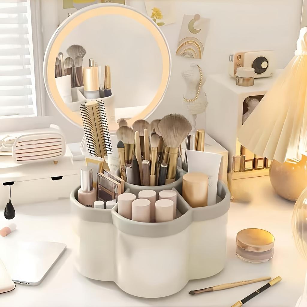 1pc 360-Degree Rotating Desktop Organizer with 6 Compartments - Durable Plastic Multi for Pens, Cosmetics & Stationery - Space-Saving Desk Organizer