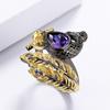 Exquisite Ring for Women's Purple Zircon Jewelry Peacock Feather Shape Ring Fashion Black Gold Hollow Ring Wedding Jewelry