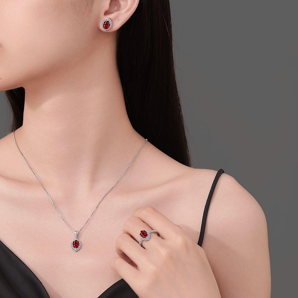 925 Sterling Silver Vintage Diamond Red Zircon Necklace Earrings Ring Set Birthday Anniversary Wedding Party Set Gift