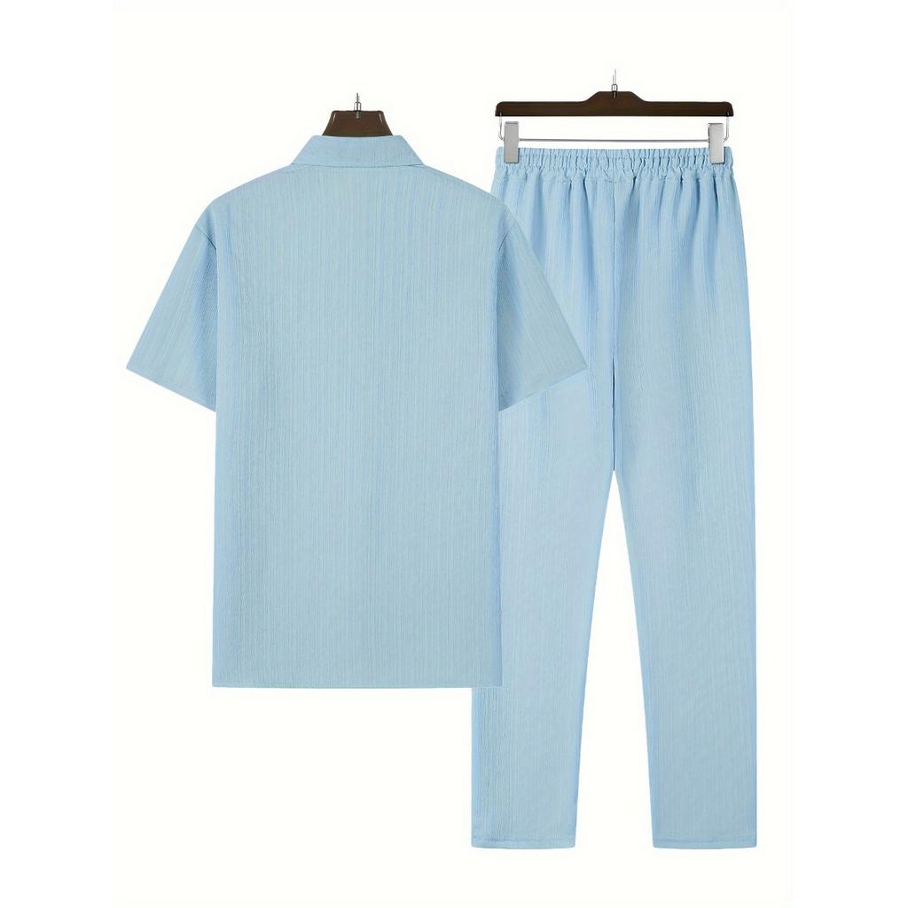 Мужская повседневная полосатая толстовка с коротким рукавом, воротником-стойкой на пуговицах и эластичным поясом, брюки из полиэстеровой ткани с добавлением эластана, двухкомпонентный