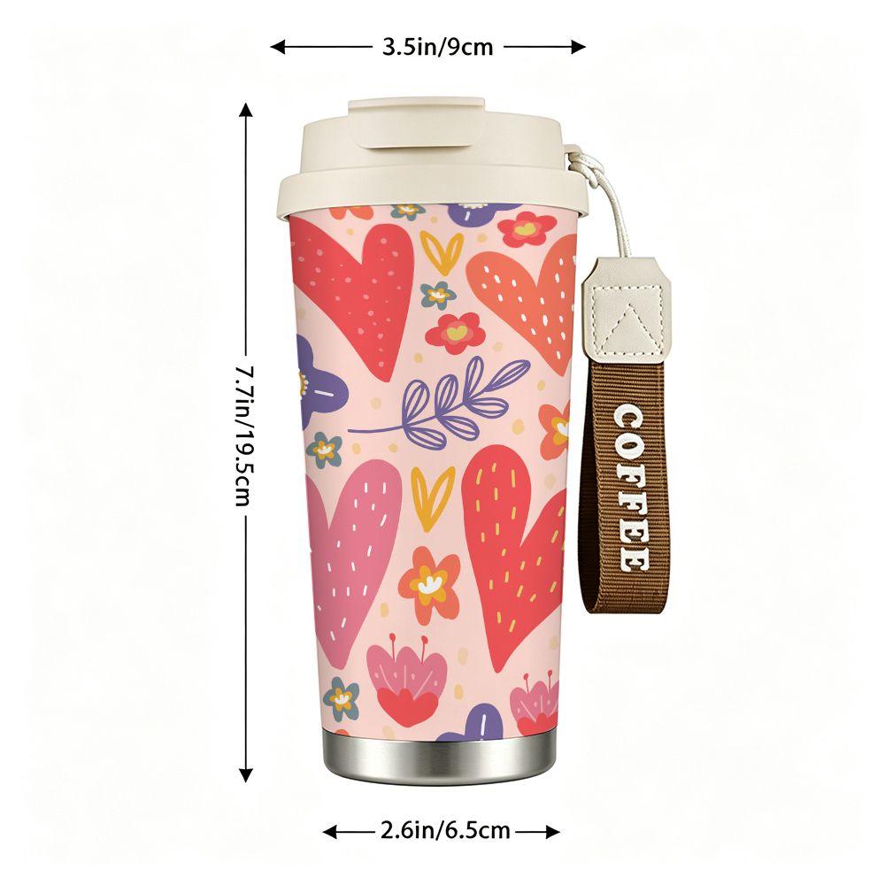 Boho Heart Floral Print Stainless Steel Insulated Coffee Tumbler Vacuum Travel Mug Reusable Cup for Home Office School Gift Idea