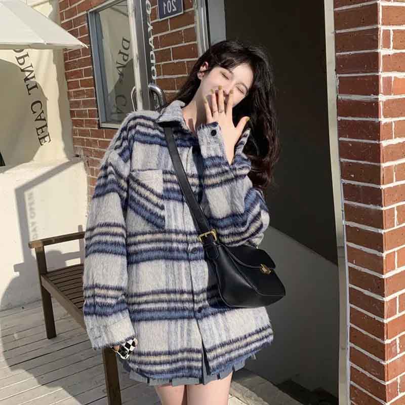 Autumn Artificial Wool Hooded Jacket Women Retro Korean Loose Stripes Casual Tops Harajuku Preppy All-Match Blends Outwear