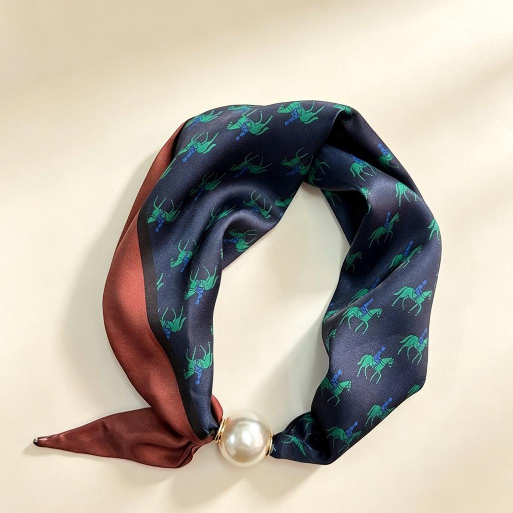 Spring and Summer French Light Luxury Small Square Scarf Pearl Necklace Magnetic Buckle Lazy Silk Scarf Women's Scarf Collarbone Chain Scarf