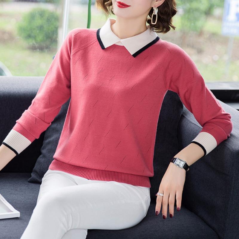 Женский трикотажный свитер с воротником поло и длинными рукавами, свободный повседневный свитер, однотонный короткий свитер для поездок на работу на осень и зиму