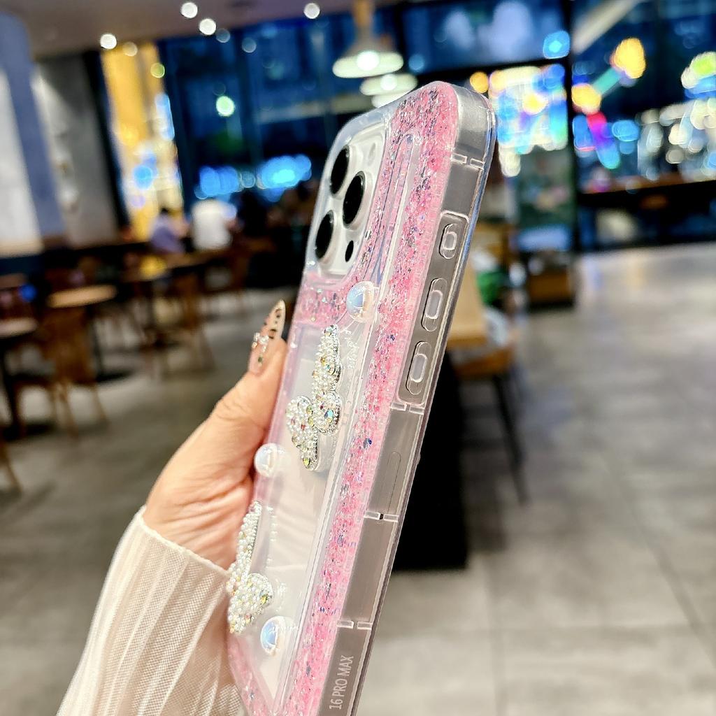 For iPhone 16 Pro Case with Case with Pearl Butterfly Decor Glitter Rhinestone Epoxy Design TPU Phone Cover