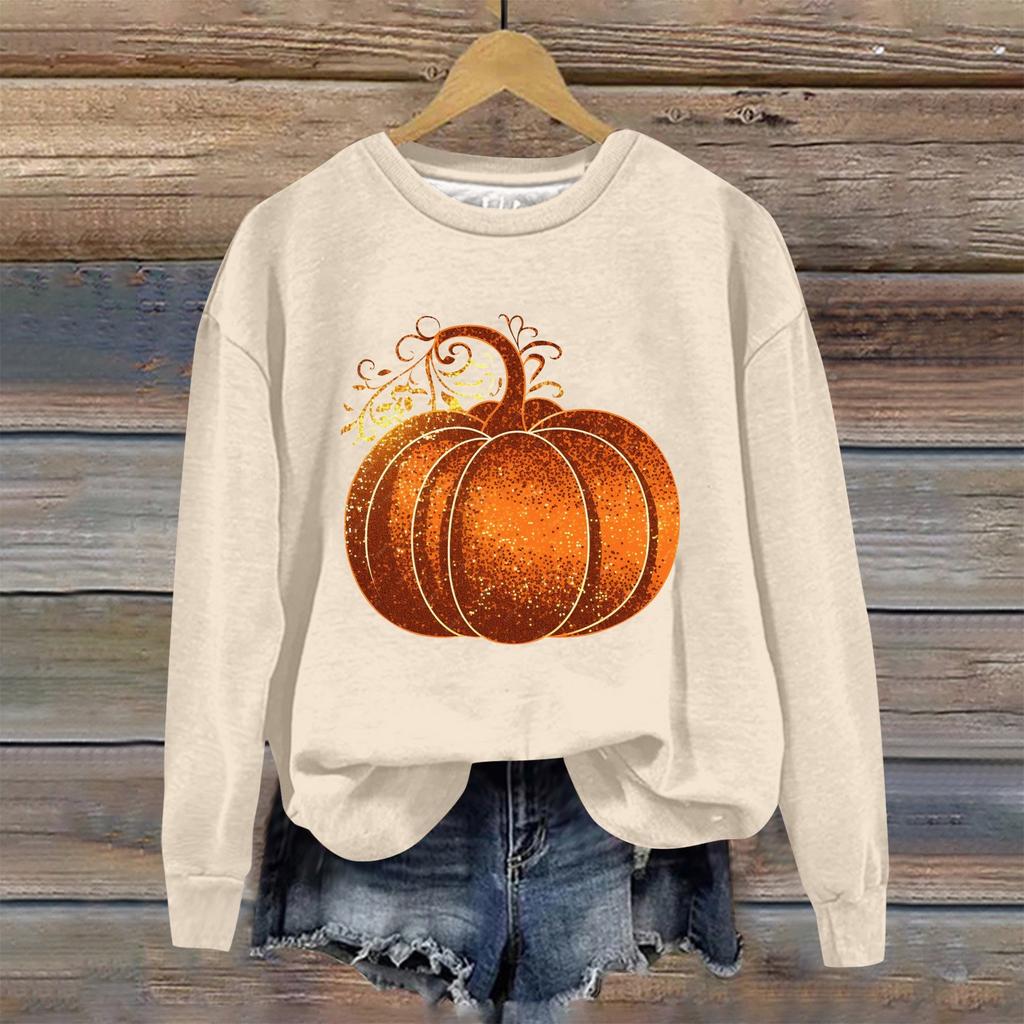 Женская мода Хэллоуин с длинным рукавом с принтом Свободная толстовка с круглым вырезом Топ