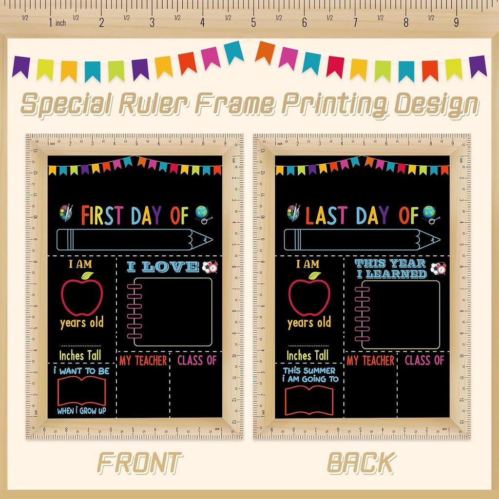 Pajean First and Last Day of School Board Sign Chalkboard with Ruler Frame Printing, Reble Back to School Board Wooden Double Sided Photo Prop, 14 x