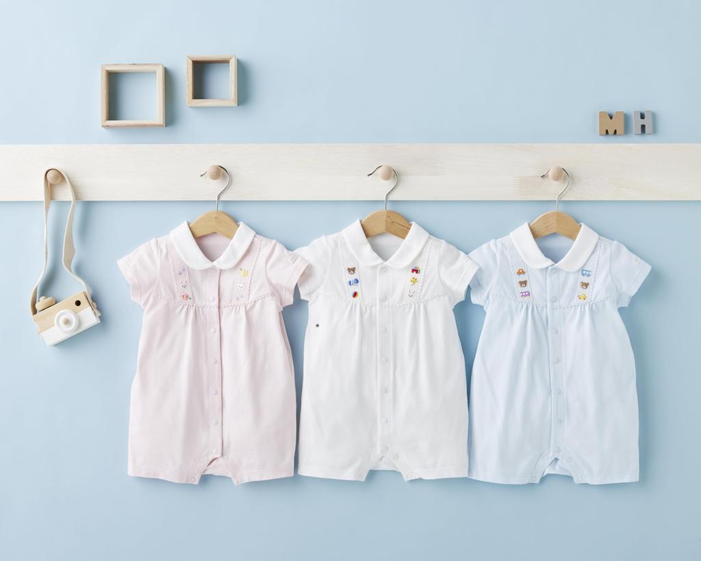 Короткие Все Короткие Животные Сделано в Baby Baby Blue [MIKI HOUSE] Комбинезоны, Рукава, Однотонные, Воротник, Япония, Мальчики, Девочки, Младенцы, Дети, Одежда, Детская