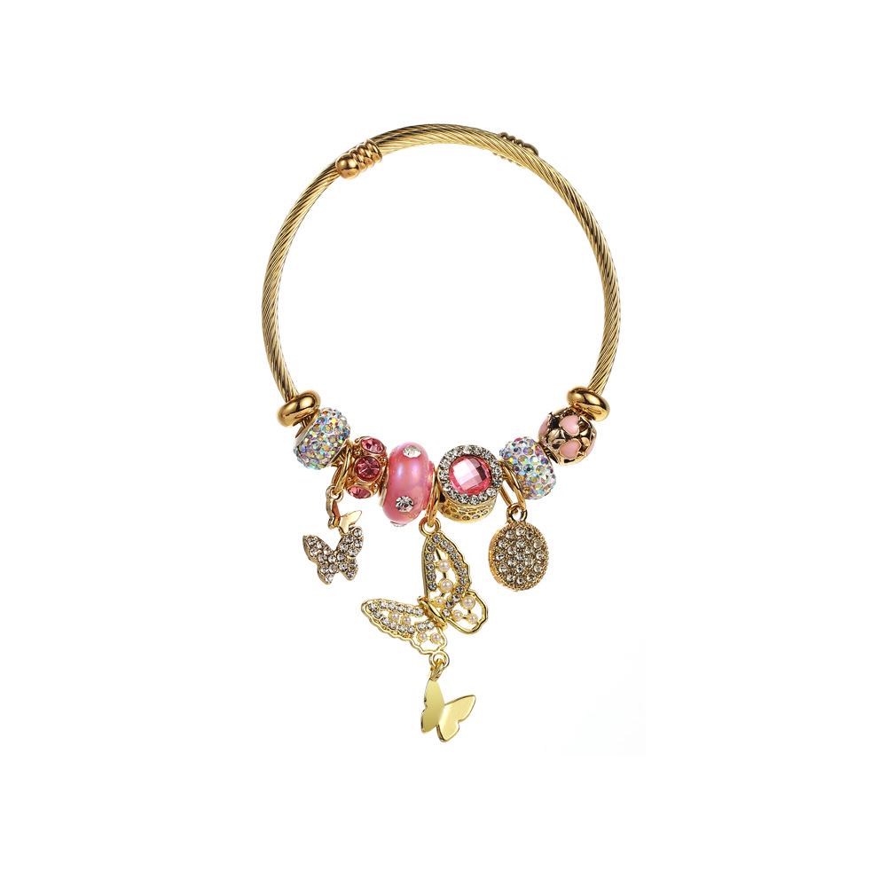 Браслет-подвеска Пан'с Дора Персонализированный из бусин в виде сердца любви и бабочки - Регулируемый браслет-манжета из нержавеющей стали для пары