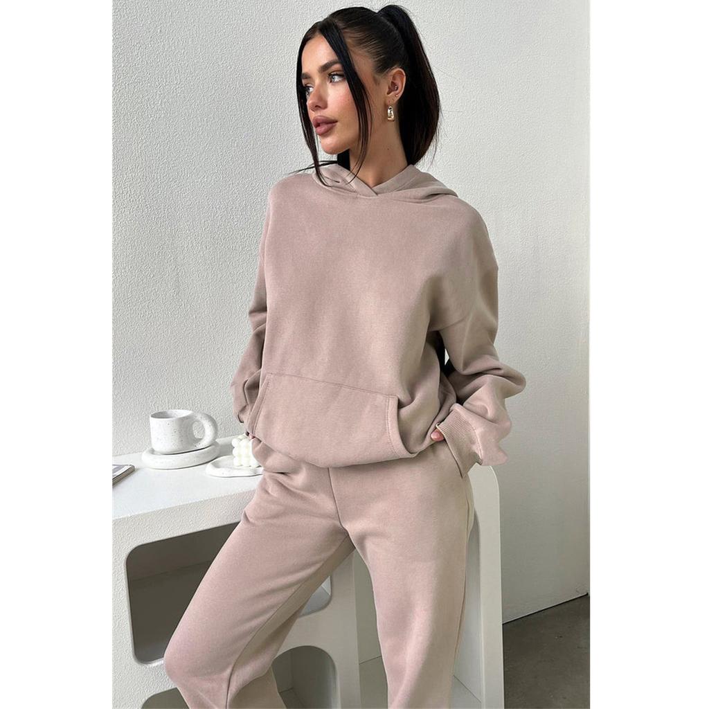 Женский однотонный комплект осенне-зимнего флисового свитшота с длинными рукавами и капюшоном, модный повседневный толстовка, брючный костюм
