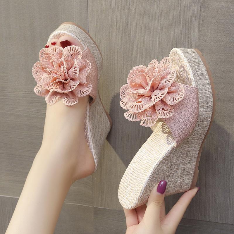 Fashion Elegant Flower Mesh Thick Sole Slope Heel Casual Sandals 2024 Comfortable and Sexy Women's High Heels New Versatile Trendy Shoes