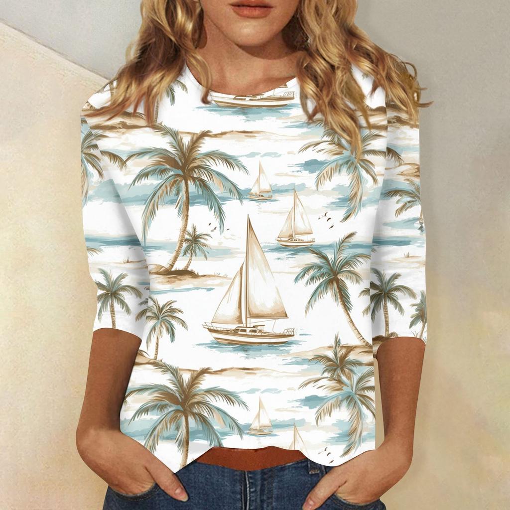 Женская модная повседневная футболка с круглым вырезом и рукавом 3/4, женский топ