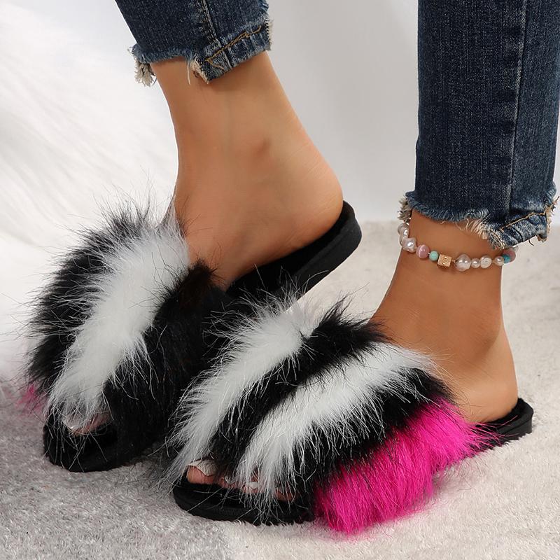 Модные Модные Пушистые Меховые Тапочки Смешанных Цветов для Женщин Зимние Теплые Уютные Домашние Тапочки Женские С Открытым Носком Нескользящие Плюшевые Тапочки для Пола
