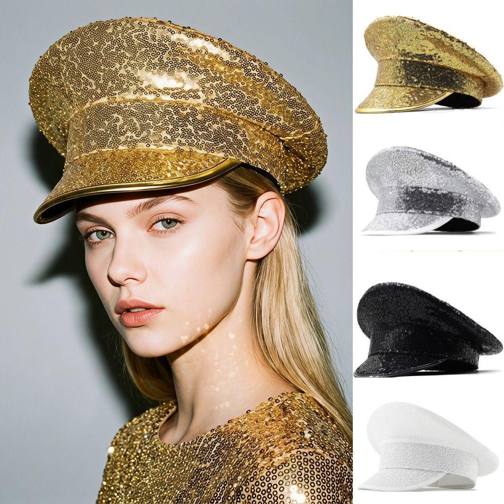 Shiny Sequin Flat Top Hat Y2k Military Hats Punk Captain Cap Cosplay Show