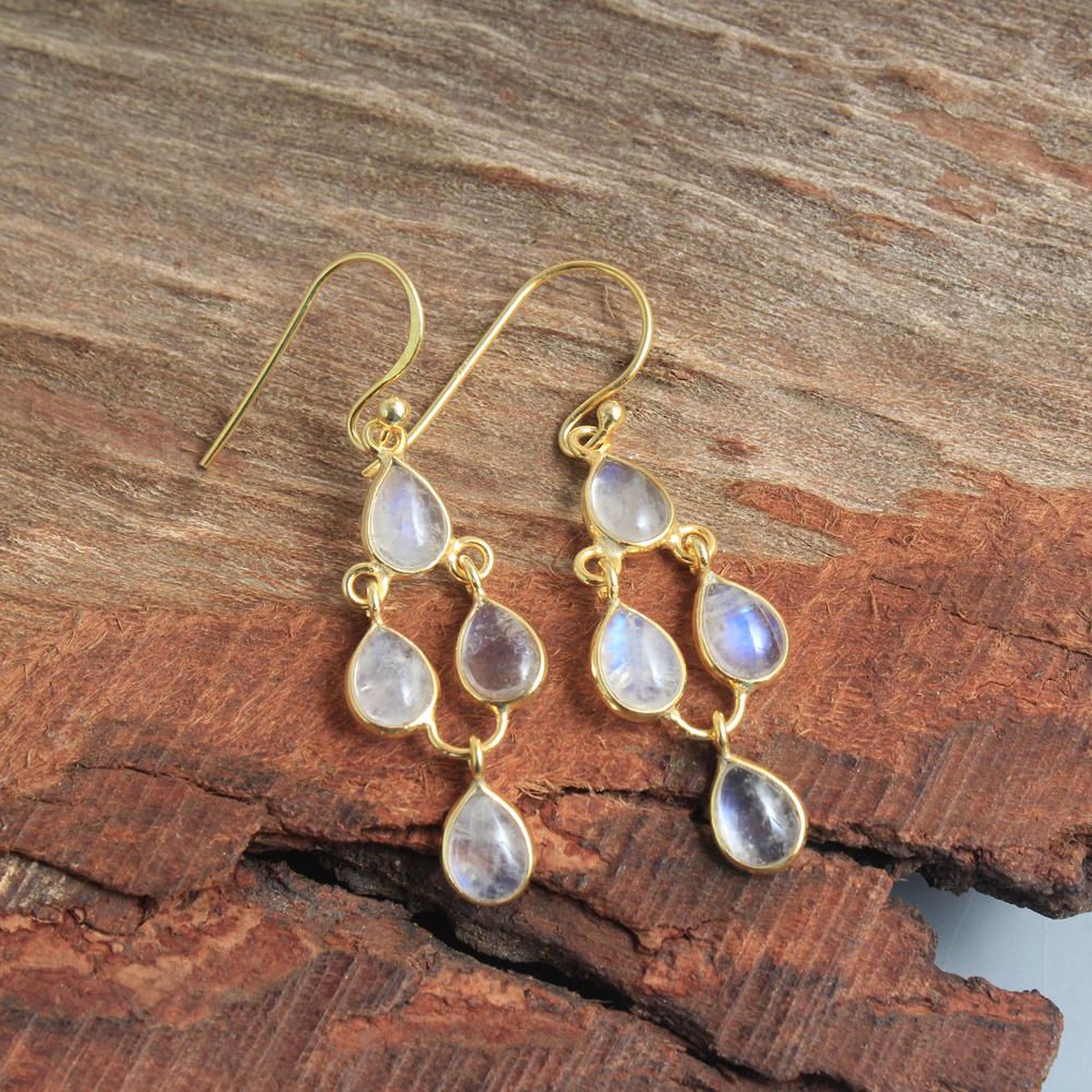 Лунный камень Лабрадор Сердолик Драгоценный камень 100% стерлингового серебра 925 пробы с покрытием из желтого золота Серьги с подвесками