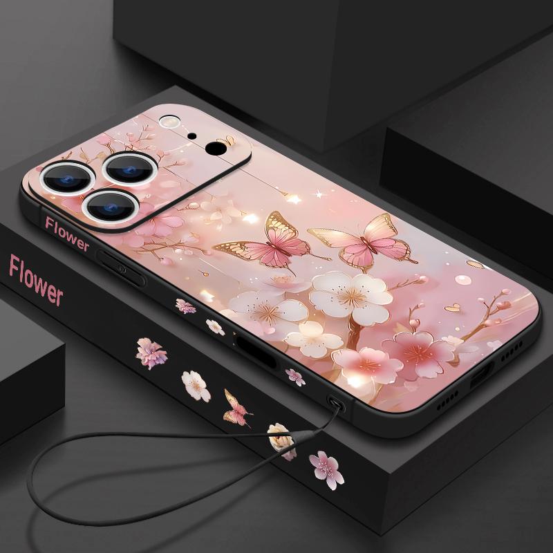 For iPhone 17 Pro Max Case Dream Butterfly Floral Pattern Soft Silicone Lanyard Cover For iPhone 16 Pro Max Cover iPhone 15 14 13 12 11 16E