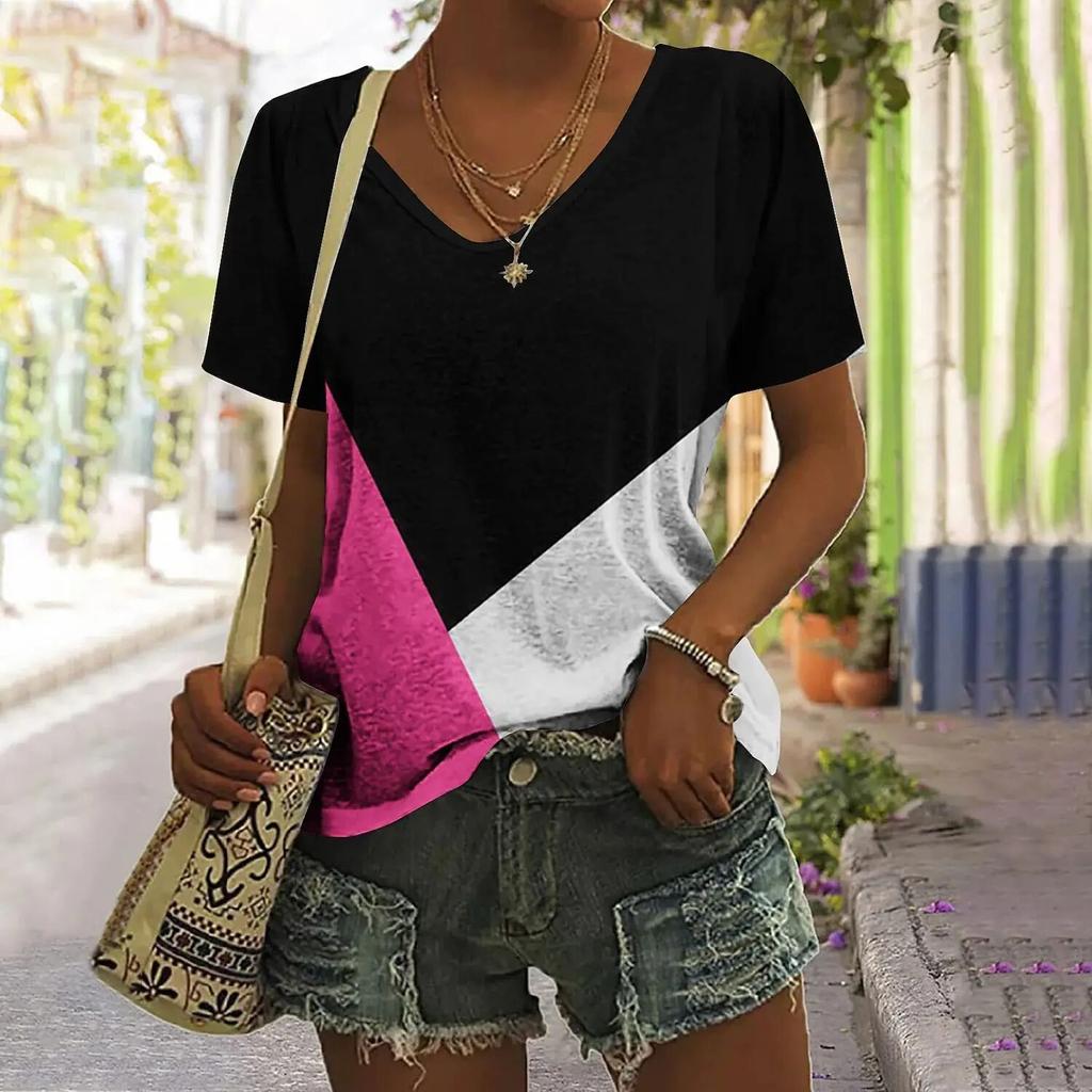 Винтажная лоскутная женская футболка, топы с клетчатым принтом, женская одежда, пуловер в стиле Харадзюку с v-образным вырезом, летние футболки большого размера с короткими рукавами