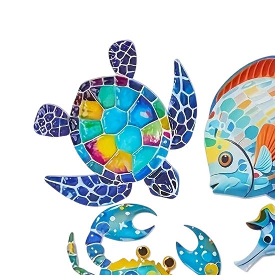 4 Pcs Wooden Beach Wall Decor Colorful Sea Turtle Fish Crab Seahorse Outdoor Sculptures Ocean Theme Wall Art for Garden Fence Home Wall