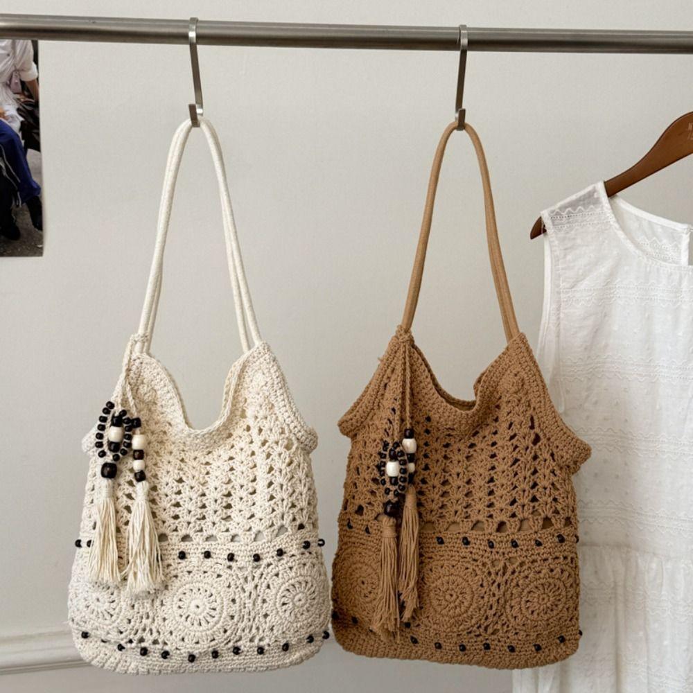 Simple Bohemian Crochet Tote Bag with Bead Fringe Charm Hollowed Out Boho Weave Bag Large Capacity Handbag Knitted Bag Beach