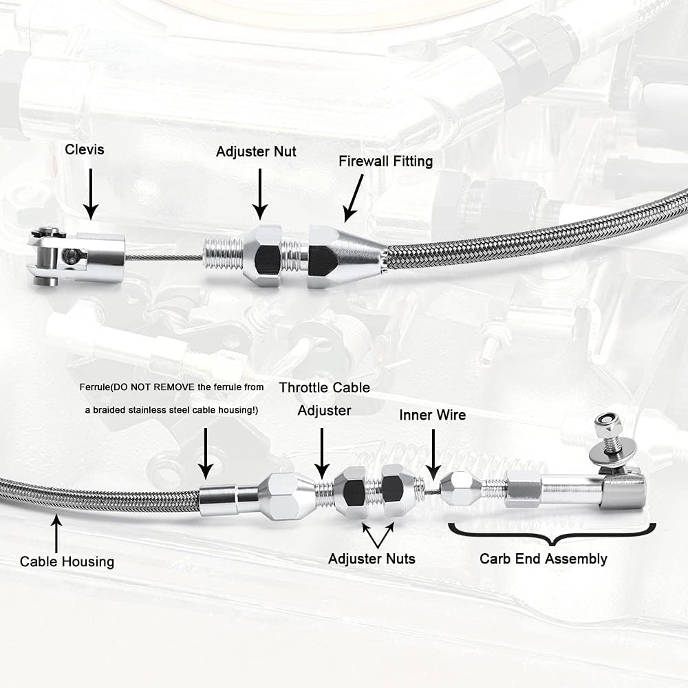 24" Univeral Throttle Cable Kit Stainless Steel Braided Adjustable Automotive Accelerator Cable Covering Locking Kit