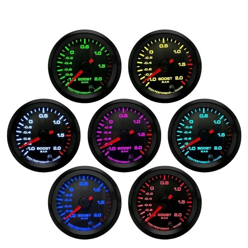 2" 52mm Car Boost Meter -1~2 Bar / -30~30 PSI Electronic Boost Gauge With Alarm Function 7-color Backlight For 12V Car Universal