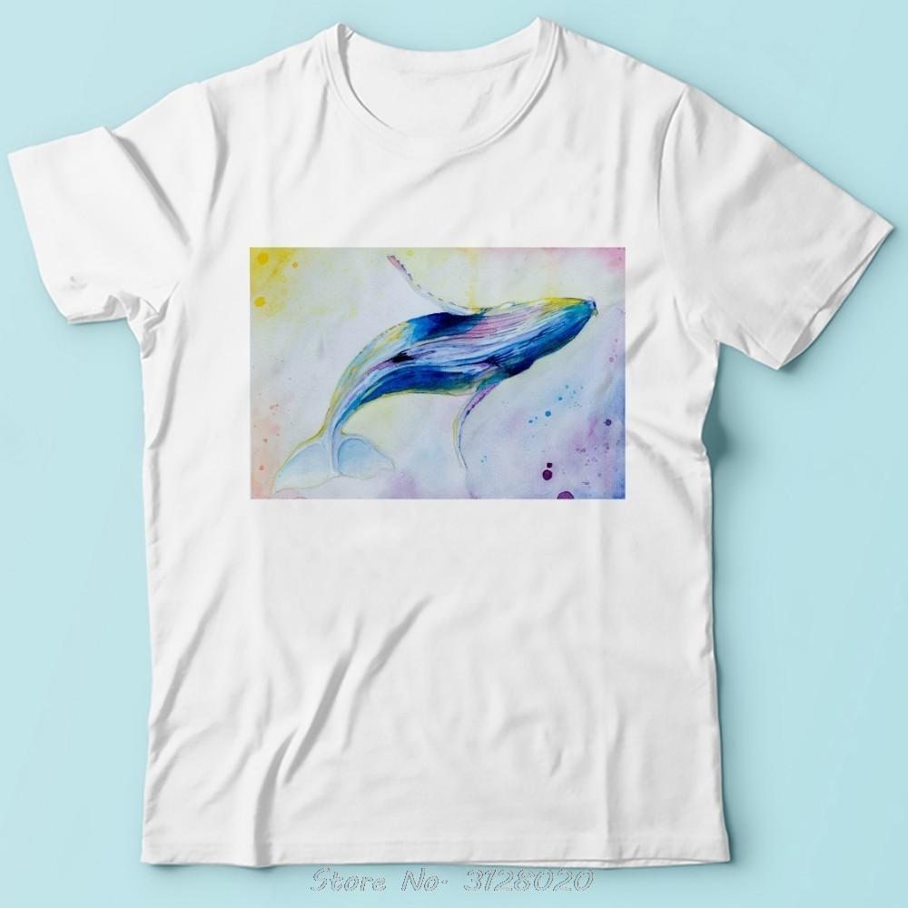 Summer New Watercolor Whale Funny Tshirt Men White Short Sleeve Casual T Shirt Unisex Tshirt Hip Hop Tees Harajuku