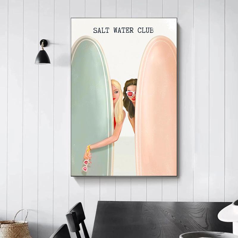 Minimalism Beach Surfing Boho Posters Pink Beach Summer Coastal Prints Canvas Painting Wall Art Pictures Home Living Room Decor