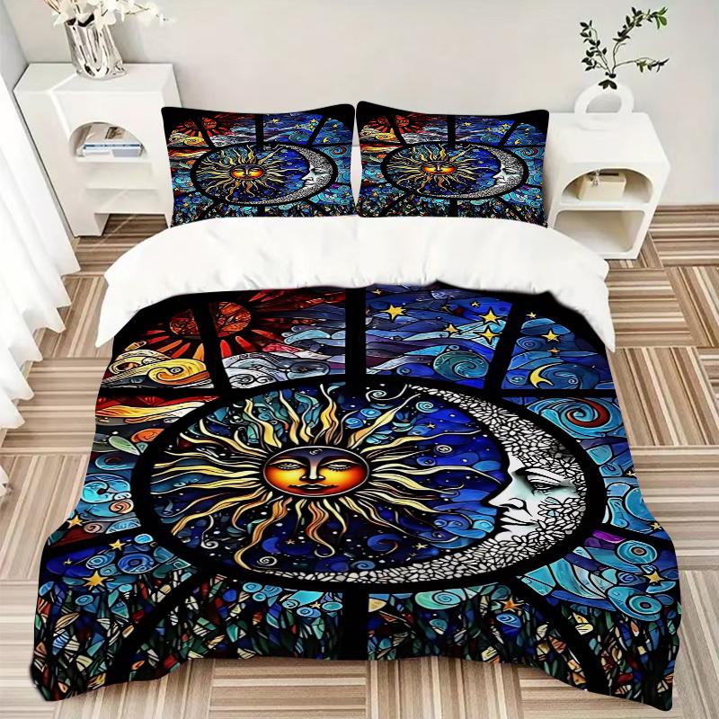 3pcs Anime Cartoon Design Stained Glass Window Panel, Includes One Quilt Cover and Two Pillowcases (No Core), Festive Gift