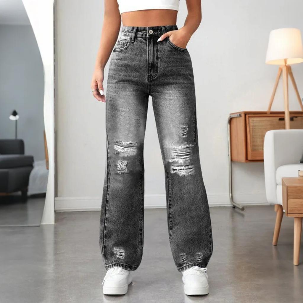 Women's High Waist Washed Women's Jeans Fashionable Versatile Straight Leg Pants