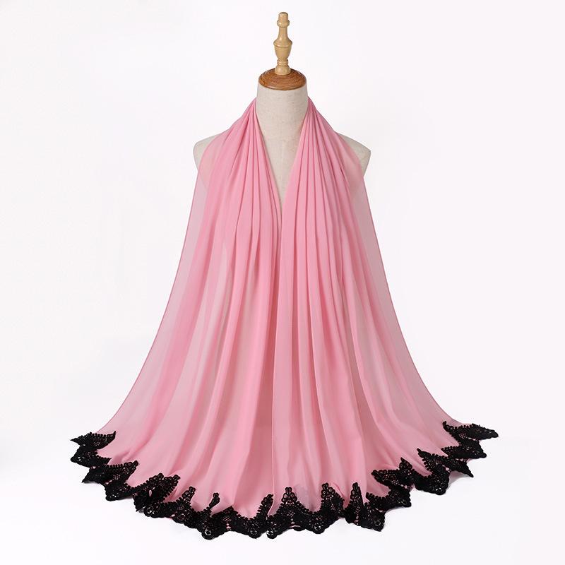 Новый жемчужный шифон Малайзия Мода Черные кружевные шарфы Мусульманский шаль Однотонный мягкий тюрбан Повязки на голову