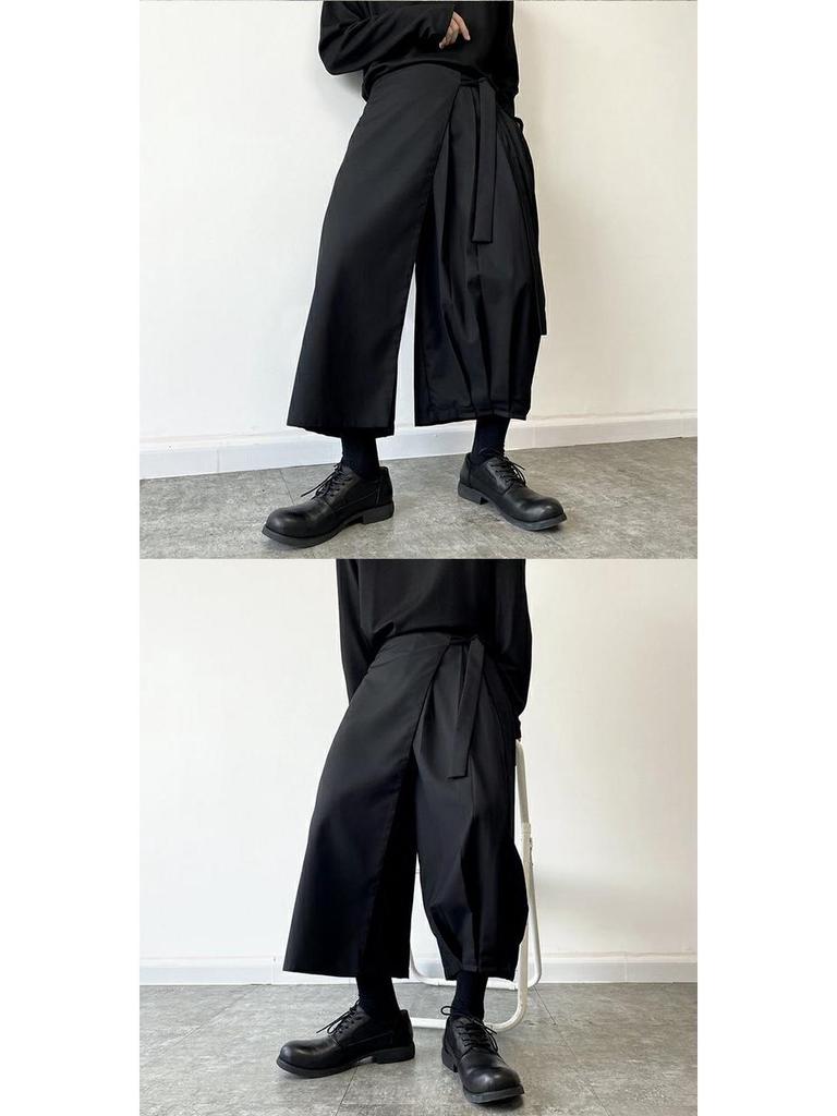 Yamamoto-Style Dark Drape Cropped Pleated Pants Skirt with Straps for Men & Women