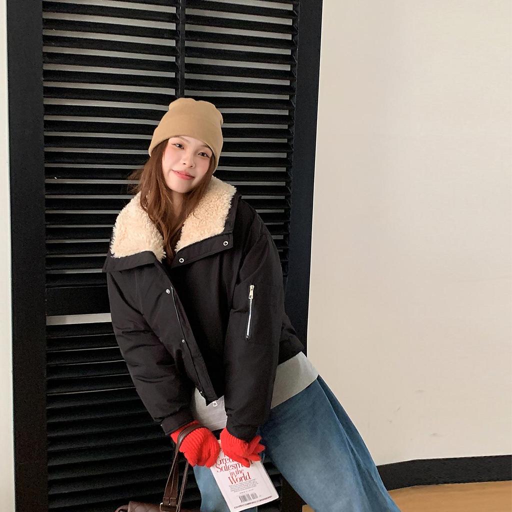 Осень Зима Утолщенная Теплая Парка Женская Повседневная Милая Однотонная Большой Карман Свободные Куртки Верхняя Одежда