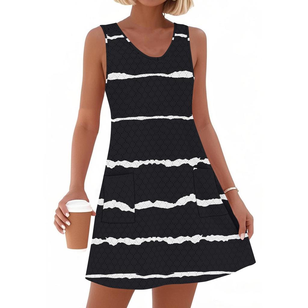 Женское модное повседневное летнее платье без манжет с карманом, V-образным вырезом и полосатым принтом, пляжный сарафан