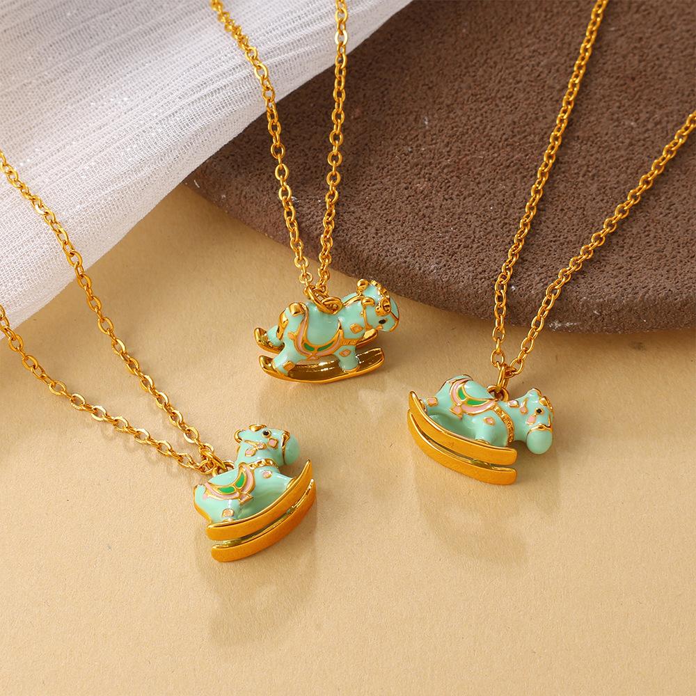2026 New Women's European American Animal Style Cartoon Macaron Color Cute Stainless Steel Rocking Horse Pendant Necklace Bamboo