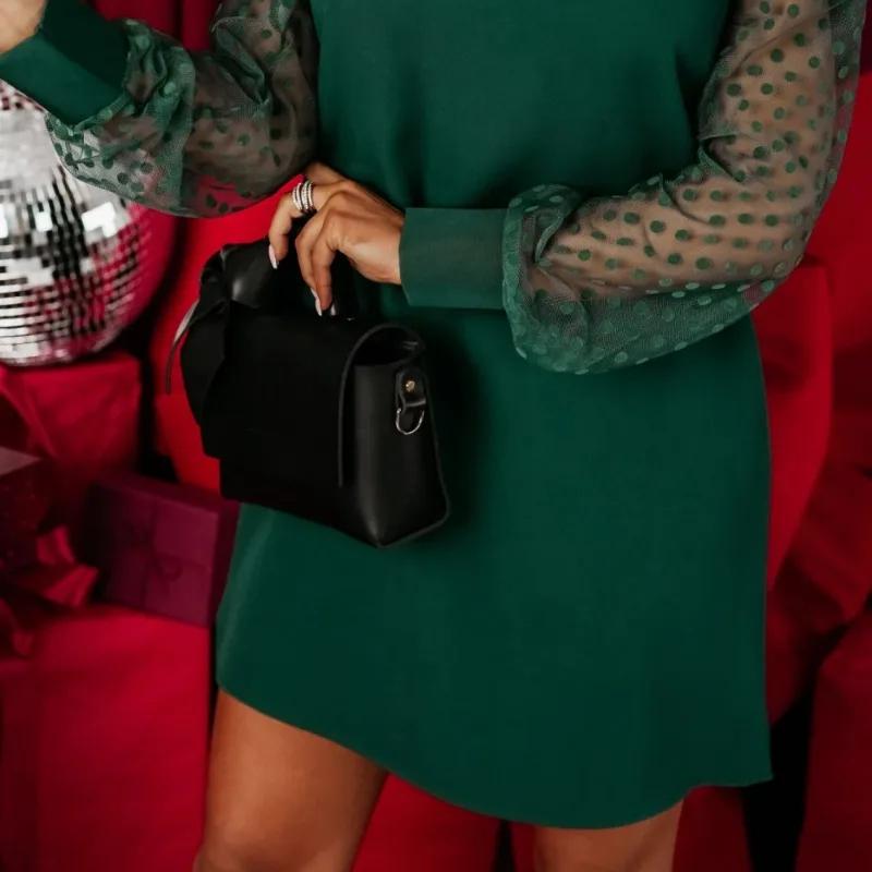 Сексуальное элегантное платье средней длины в винтажном стиле с длинными рукавами и кружевом для женщин. Новое однотонное платье с длинными рукавами и сетчатым рукавом с круглым вырезом.