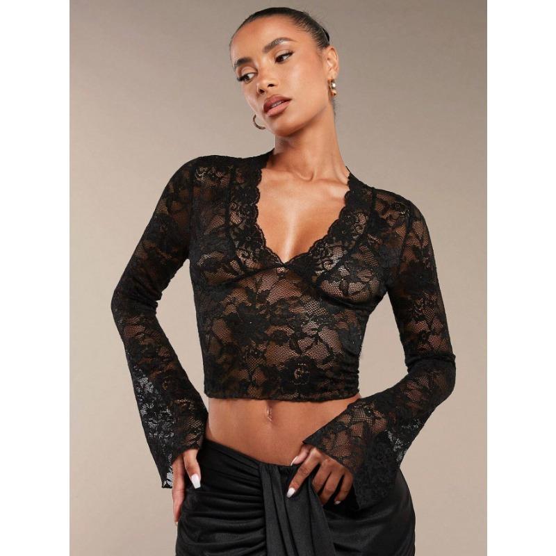Spring Elegant Women's Solid Colour Sexy Transparent Lace V-Neck Tight Flare Long Sleeve T-Shirt