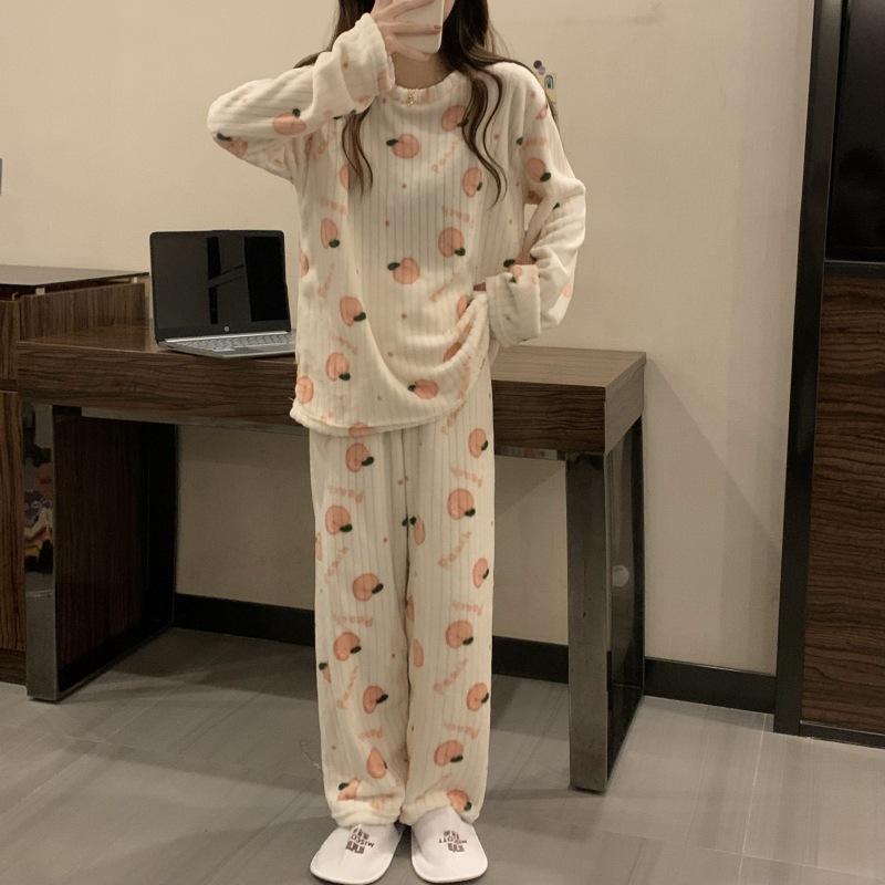 Фланелевые пижамы с принтом, женские зимние теплые милые костюмы для девочек, утепленная домашняя одежда больших размеров, шикарный костюм из двух предметов