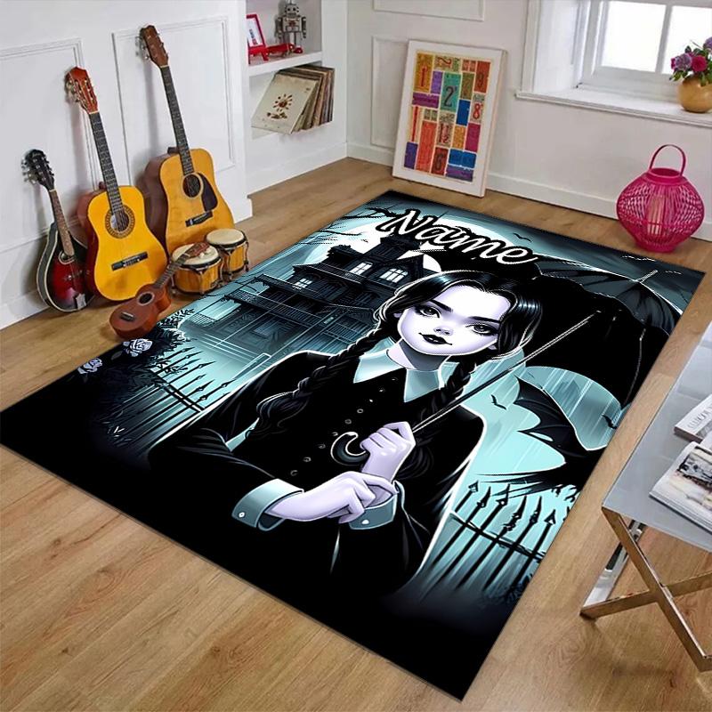 Custom Addams Family Wednesday Mat Personalized Name, Polyester Washable Indoor Entryway Rug, Gift for Christmas, Easter, Thanksgiving Day