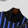 INCERUN Autumn Men's High Neck Long Sleeve Patchwork Striped Irregular Casual T-shirts Undershirts